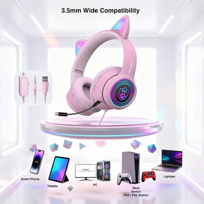 Cat Ear Gaming Headphones Wired AUX 3.5mm with LED Light, Flashing Stereo Game Headphones Surround Sound Over-Ear Headsets with Microphone Fit Kids & Adult for PC, PS4, Switch, Mobile, Laptop