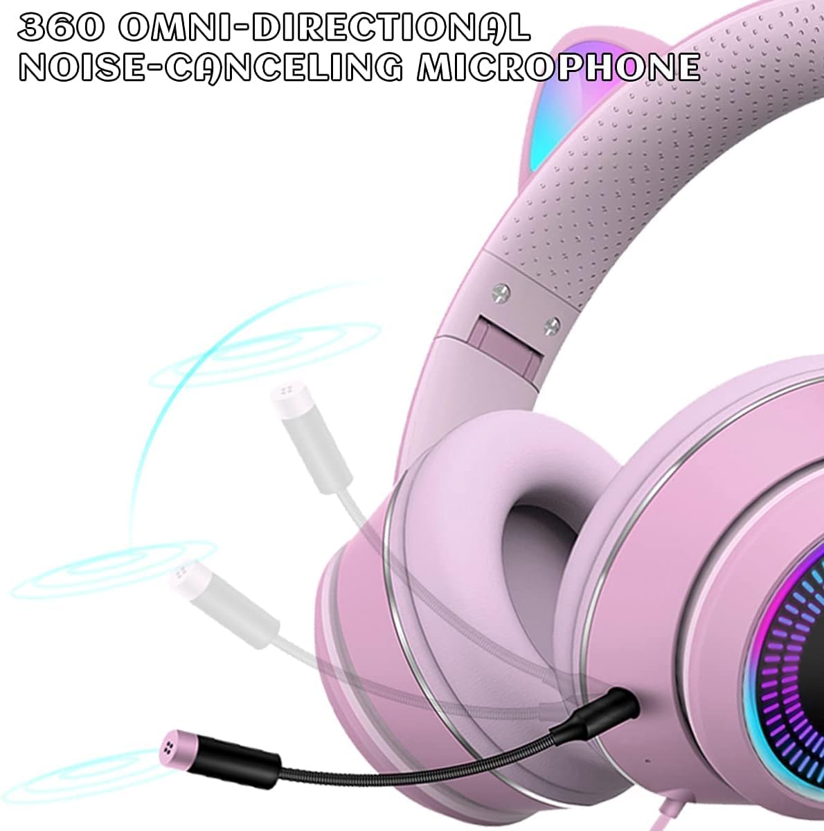 Cat Ear Gaming Headphones Wired AUX 3.5mm with LED Light, Flashing Stereo Game Headphones Surround Sound Over-Ear Headsets with Microphone Fit Kids & Adult for PC, PS4, Switch, Mobile, Laptop