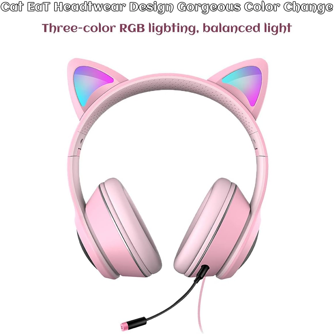 Cat Ear Gaming Headphones Wired AUX 3.5mm with LED Light, Flashing Stereo Game Headphones Surround Sound Over-Ear Headsets with Microphone Fit Kids & Adult for PC, PS4, Switch, Mobile, Laptop