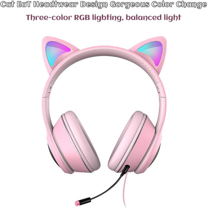 Cat Ear Gaming Headphones Wired AUX 3.5mm with LED Light, Flashing Stereo Game Headphones Surround Sound Over-Ear Headsets with Microphone Fit Kids & Adult for PC, PS4, Switch, Mobile, Laptop