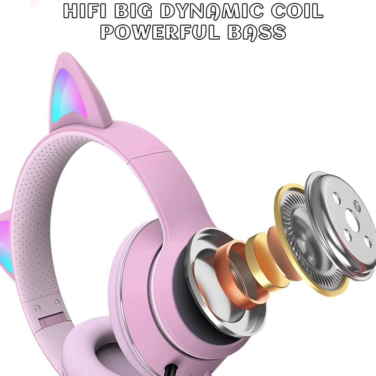 Cat Ear Gaming Headphones Wired AUX 3.5mm with LED Light, Flashing Stereo Game Headphones Surround Sound Over-Ear Headsets with Microphone Fit Kids & Adult for PC, PS4, Switch, Mobile, Laptop