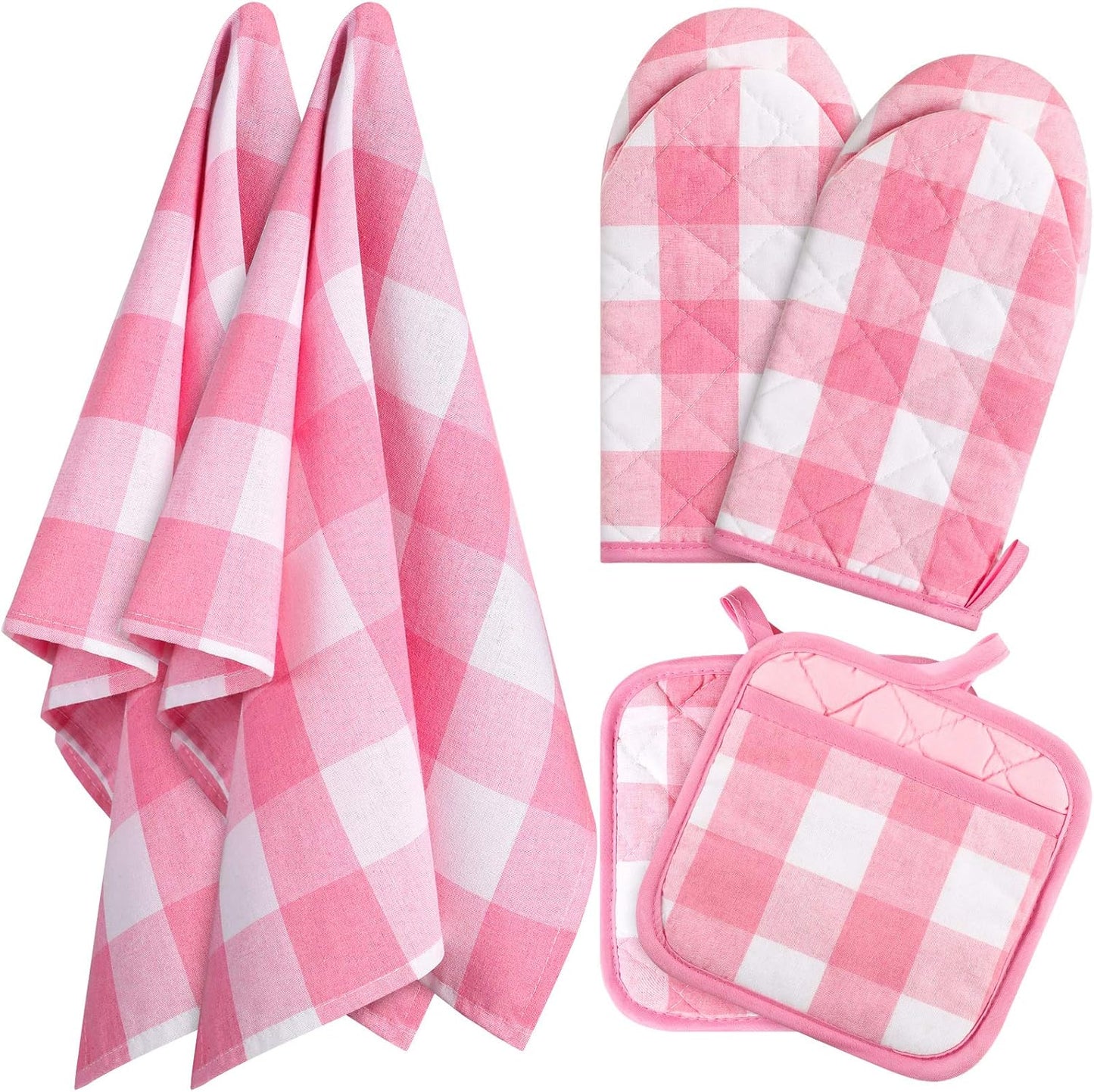 6 Pack Pink Buffalo Plaid Pot Holders Set Pink Kitchen Towels Cute Oven Mitts Dish Towels Set Potholder Glove Heat Resistant Non Slip Holder for Baking Cooking Grilling Women Kitchen Gifts