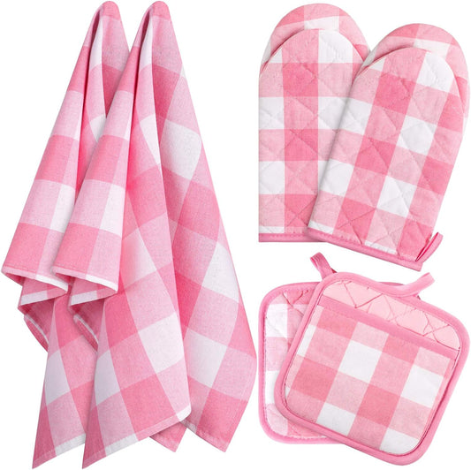 6 Pack Pink Buffalo Plaid Pot Holders Set Pink Kitchen Towels Cute Oven Mitts Dish Towels Set Potholder Glove Heat Resistant Non Slip Holder for Baking Cooking Grilling Women Kitchen Gifts