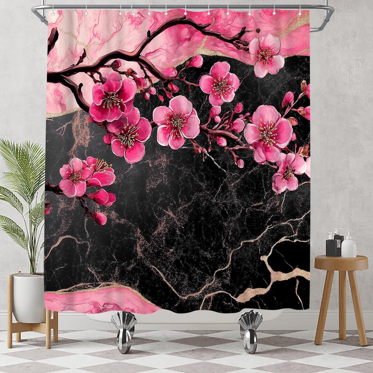 Cherry Blossom Shower Curtain - Black and Pink Floral Marble Bath Curtains - Waterproof Cloth Fabric with Hooks, 72x72 Inch