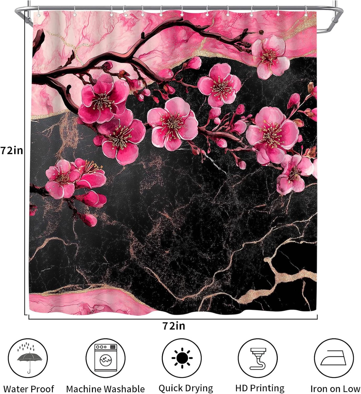 Cherry Blossom Shower Curtain - Black and Pink Floral Marble Bath Curtains - Waterproof Cloth Fabric with Hooks, 72x72 Inch