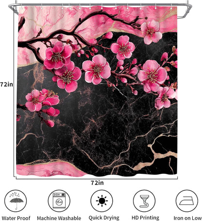 Cherry Blossom Shower Curtain - Black and Pink Floral Marble Bath Curtains - Waterproof Cloth Fabric with Hooks, 72x72 Inch