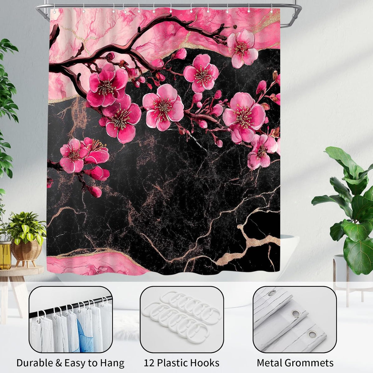Cherry Blossom Shower Curtain - Black and Pink Floral Marble Bath Curtains - Waterproof Cloth Fabric with Hooks, 72x72 Inch