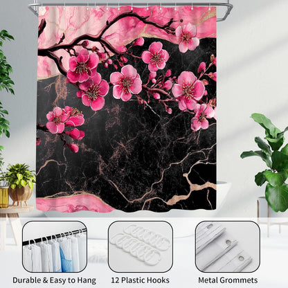 Cherry Blossom Shower Curtain - Black and Pink Floral Marble Bath Curtains - Waterproof Cloth Fabric with Hooks, 72x72 Inch