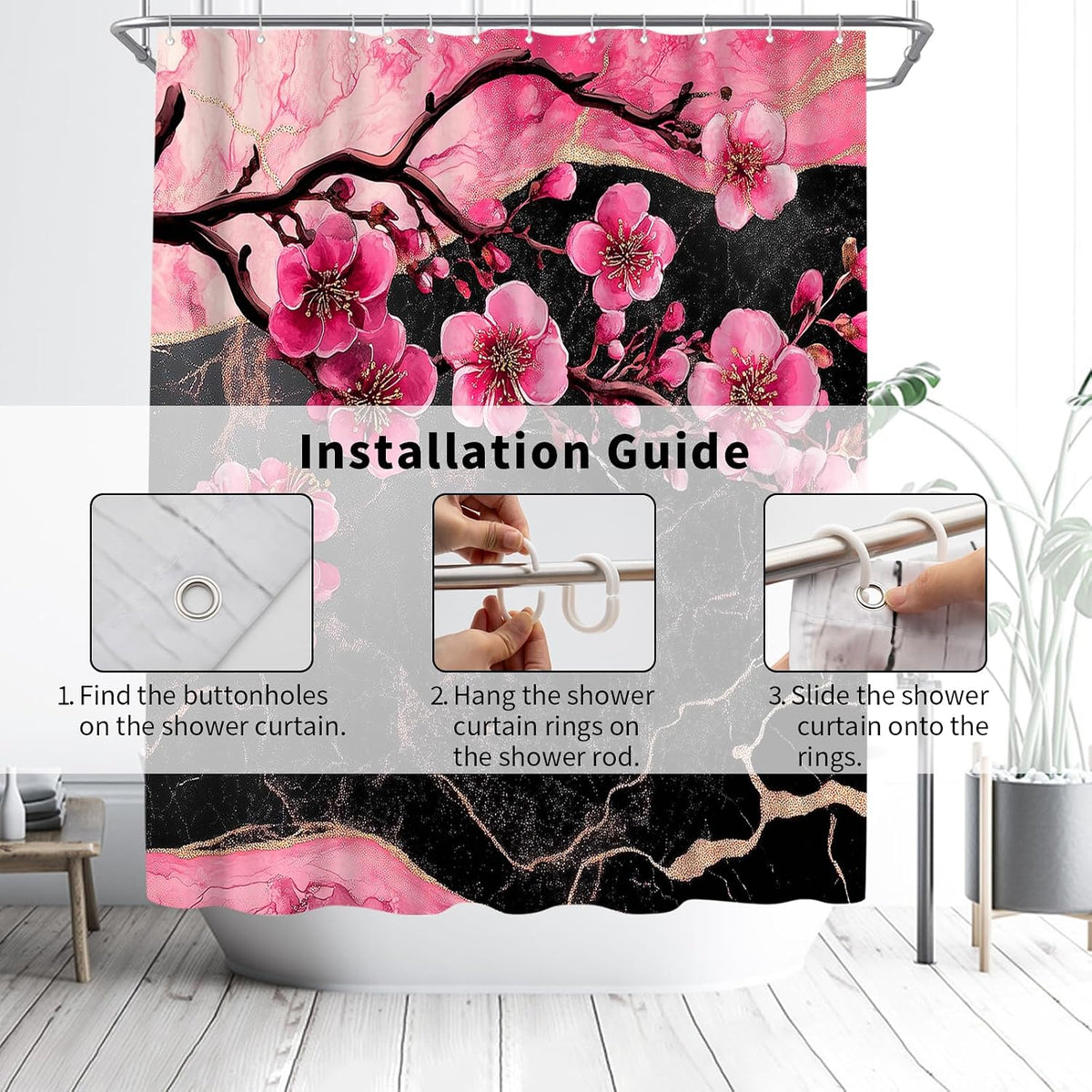 Cherry Blossom Shower Curtain - Black and Pink Floral Marble Bath Curtains - Waterproof Cloth Fabric with Hooks, 72x72 Inch