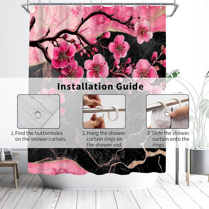 Cherry Blossom Shower Curtain - Black and Pink Floral Marble Bath Curtains - Waterproof Cloth Fabric with Hooks, 72x72 Inch