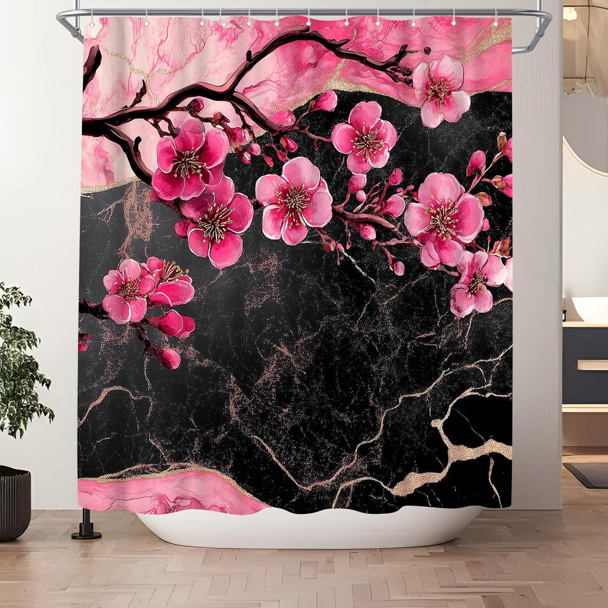 Cherry Blossom Shower Curtain - Black and Pink Floral Marble Bath Curtains - Waterproof Cloth Fabric with Hooks, 72x72 Inch