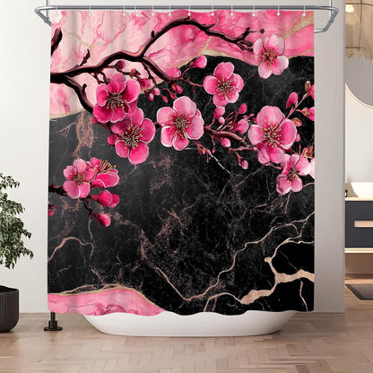 Cherry Blossom Shower Curtain - Black and Pink Floral Marble Bath Curtains - Waterproof Cloth Fabric with Hooks, 72x72 Inch