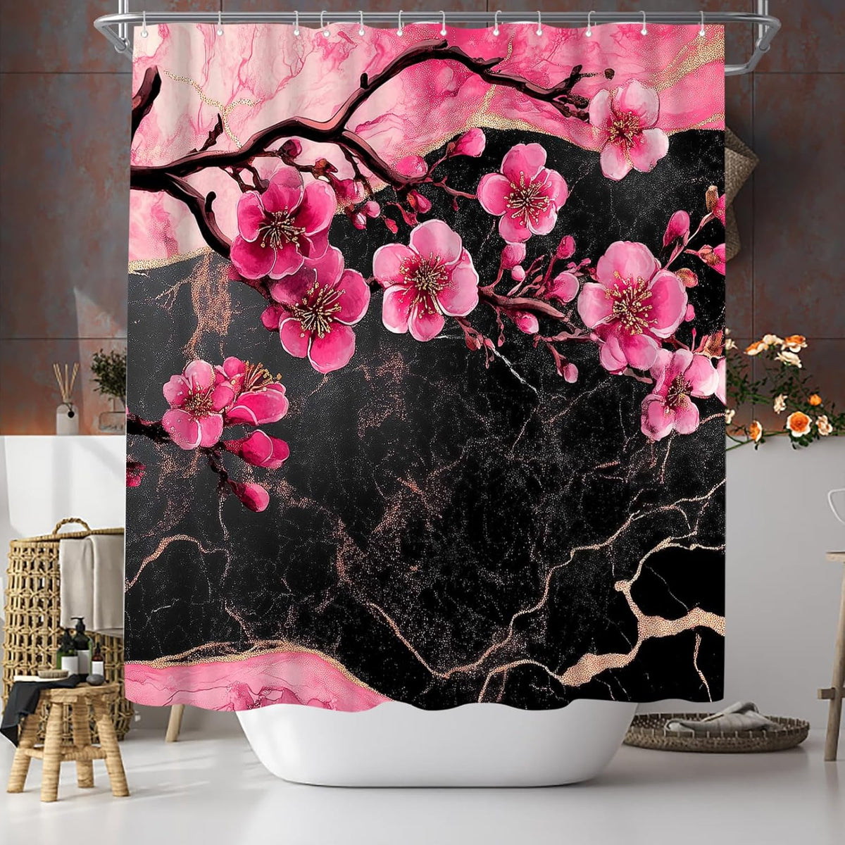 Cherry Blossom Shower Curtain - Black and Pink Floral Marble Bath Curtains - Waterproof Cloth Fabric with Hooks, 72x72 Inch