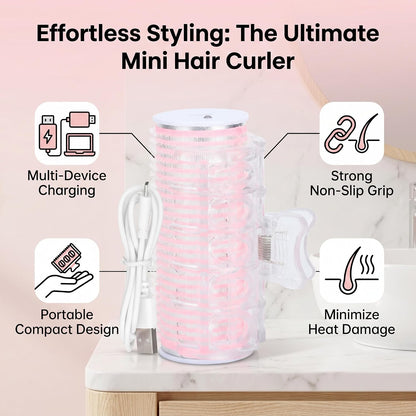 Portable Mini Hair Curler Styling Rollers Rechargeable, Heated Electric Hair Roller USB Heat Waver Roller for Bangs, Root to Tail 3.4in