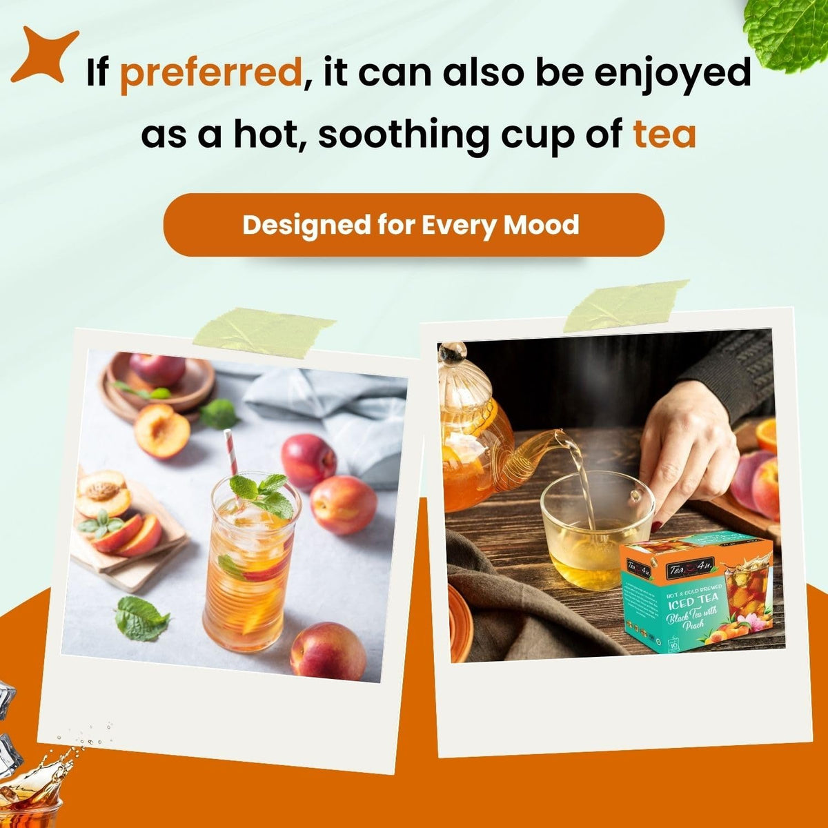 Tea4U Peach Iced Tea Bags - Rich Flavor - Hot or Cold Brew - 10 Count