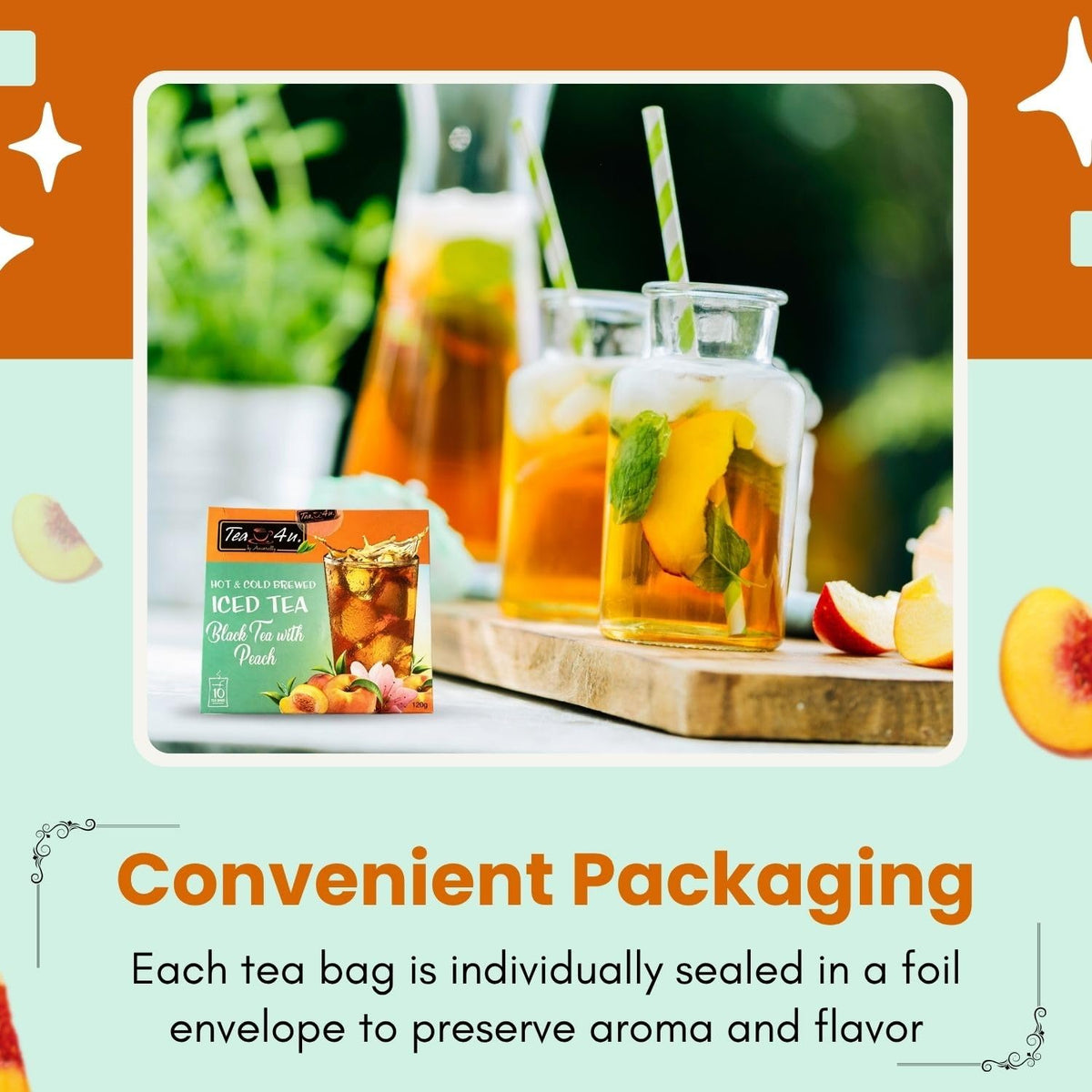 Tea4U Peach Iced Tea Bags - Rich Flavor - Hot or Cold Brew - 10 Count