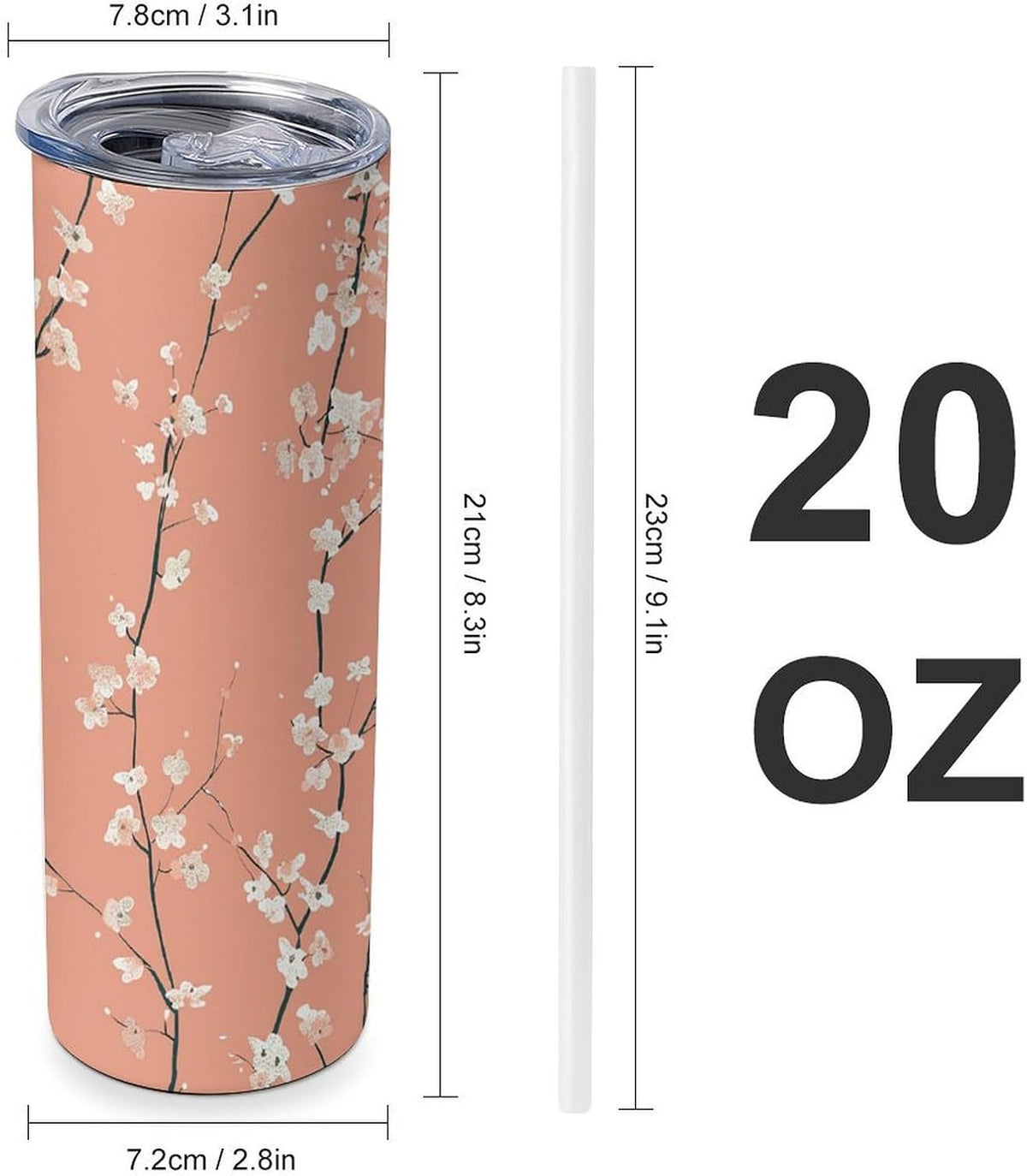 20oz Travel Coffee Mug Peach Red Pattern Tumbler with Lid And Straws 304 Stainless Steel Double Walled Vacuum Thermal Cup for Hot Cold Drinks Insulated Tumbler for Women Men Water Bottle