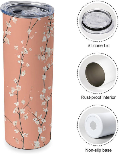 20oz Travel Coffee Mug Peach Red Pattern Tumbler with Lid And Straws 304 Stainless Steel Double Walled Vacuum Thermal Cup for Hot Cold Drinks Insulated Tumbler for Women Men Water Bottle