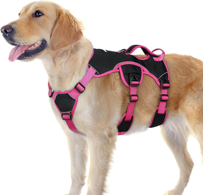 Escape Proof Dog Harness Large Dogs, Soft Padded Full Body Pet Harness, Reflective Adjustable No Pull Vest with Lift Handle and Leash Clip for Walking Hiking Training, Pink & Black, L