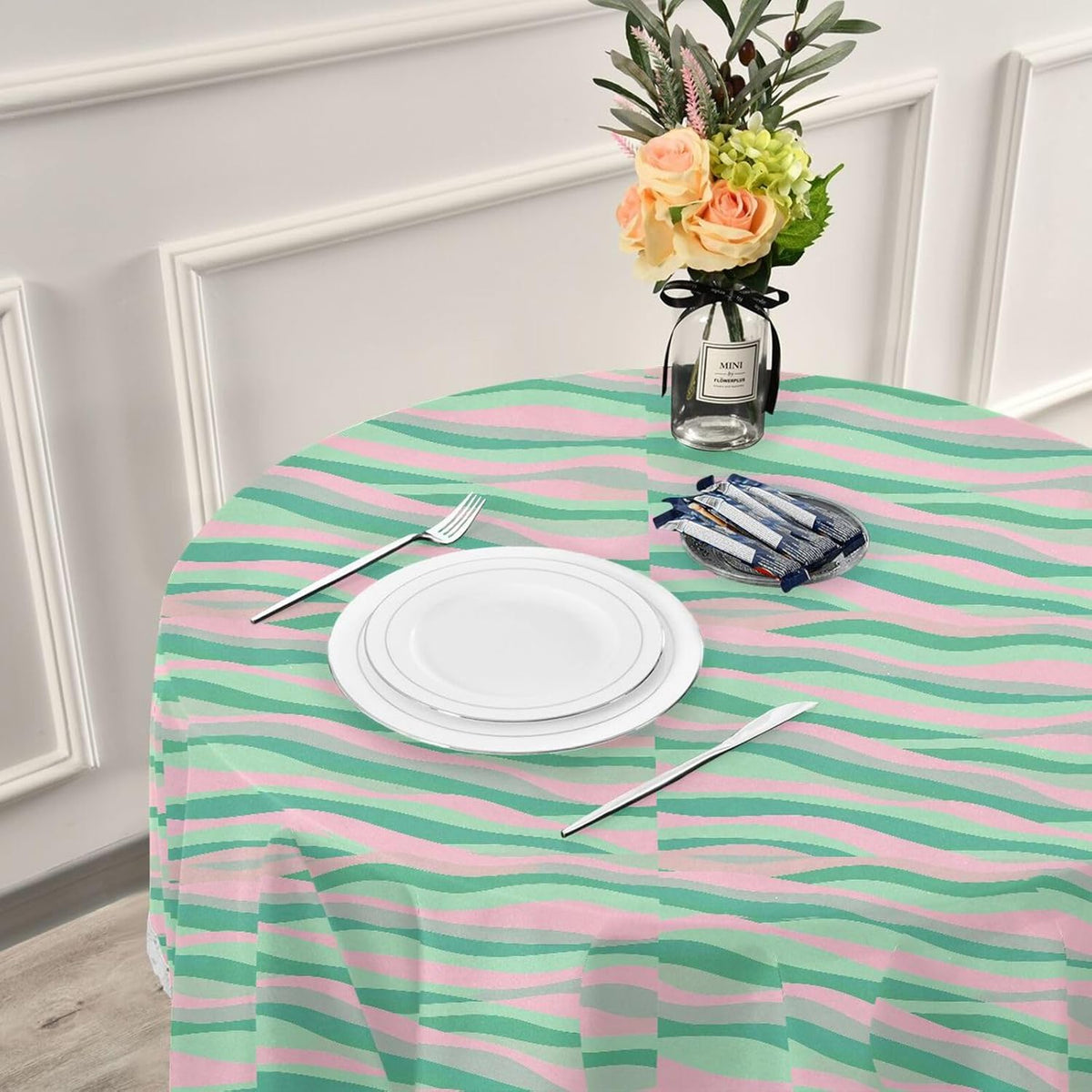 Wave Pattern Green Peach Round Tablecloth Fabric 60 Inch Long Washable Polyester Lace, Circle Tablecloth Table mat Protective for Picnic Restaurant Picnic