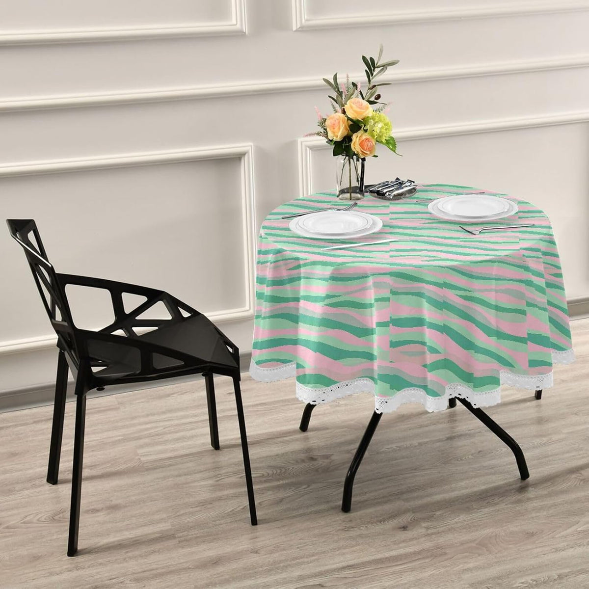 Wave Pattern Green Peach Round Tablecloth Fabric 60 Inch Long Washable Polyester Lace, Circle Tablecloth Table mat Protective for Picnic Restaurant Picnic