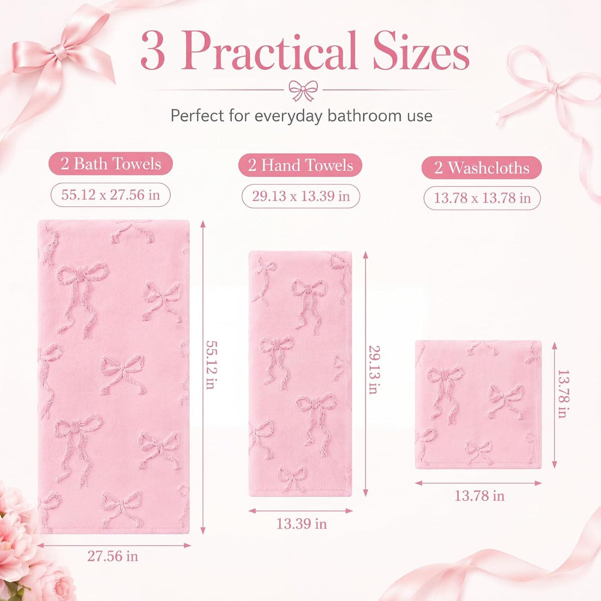 6 Pack Bow Bath Towels Set, Pink