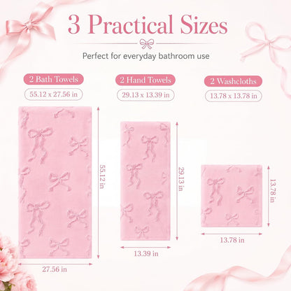 6 Pack Bow Bath Towels Set, Pink