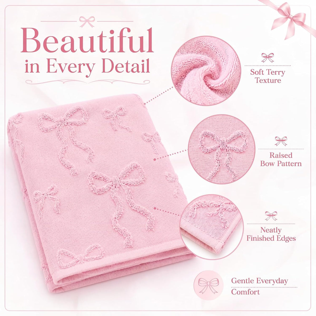 6 Pack Bow Bath Towels Set, Pink