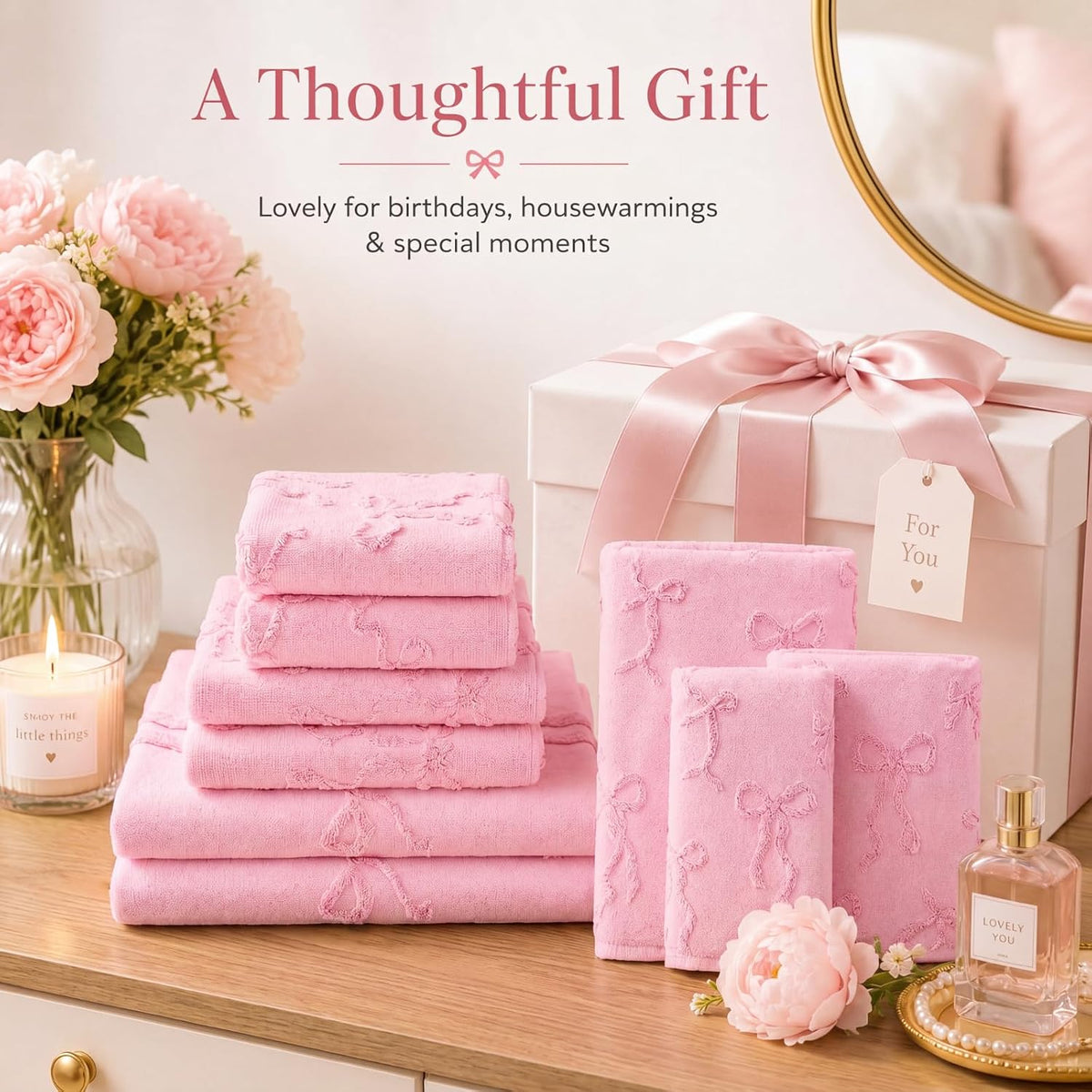 6 Pack Bow Bath Towels Set, Pink