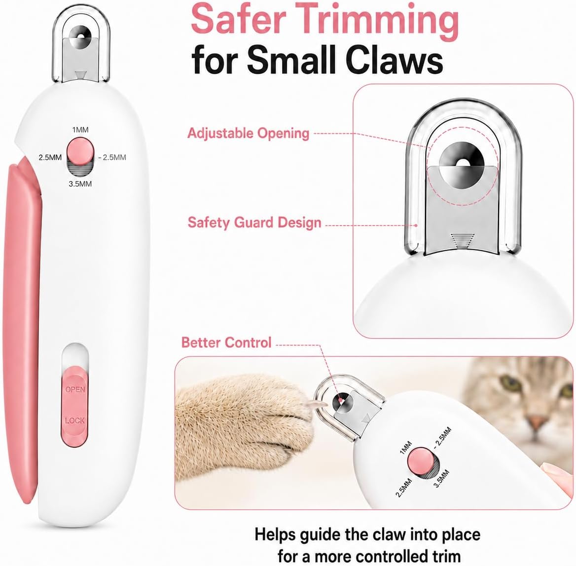 Cat Nail Clipper, 4-Size Safety Guard, Nail Catcher & File, Pink