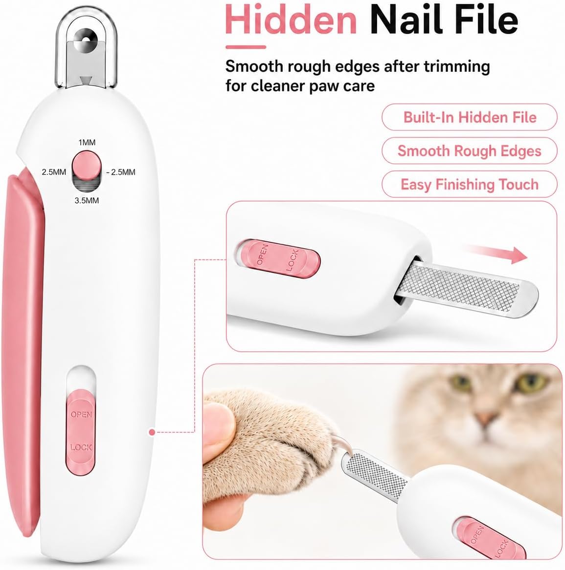 Cat Nail Clipper, 4-Size Safety Guard, Nail Catcher & File, Pink