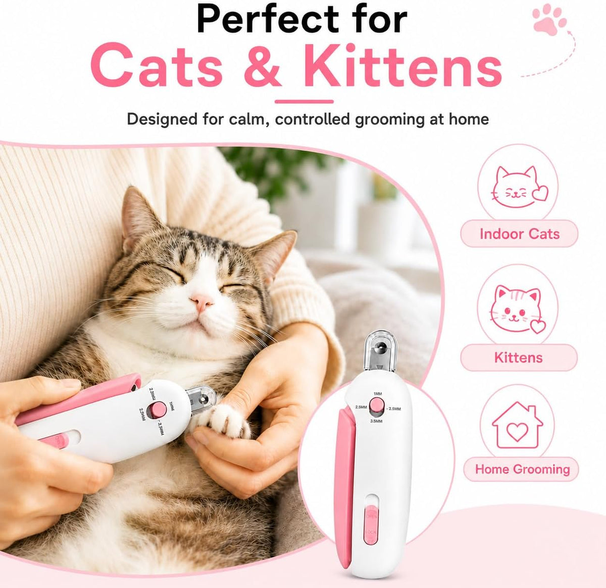 Cat Nail Clipper, 4-Size Safety Guard, Nail Catcher & File, Pink