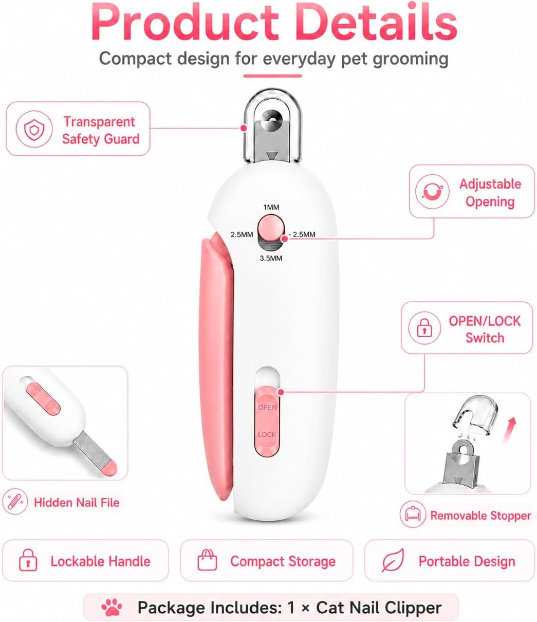 Cat Nail Clipper, 4-Size Safety Guard, Nail Catcher & File, Pink