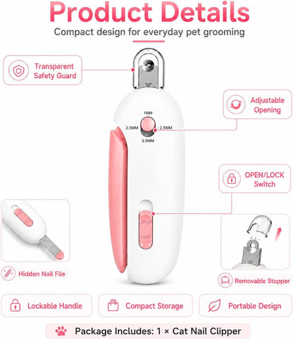 Cat Nail Clipper, 4-Size Safety Guard, Nail Catcher & File, Pink