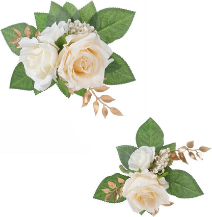 2-Piece Artificial Rose Flower Cake Toppers Set, 9.5 Inch Orange and Peach Roses with Gold Leaves, Wedding Birthday Party Cake Decorations (White)