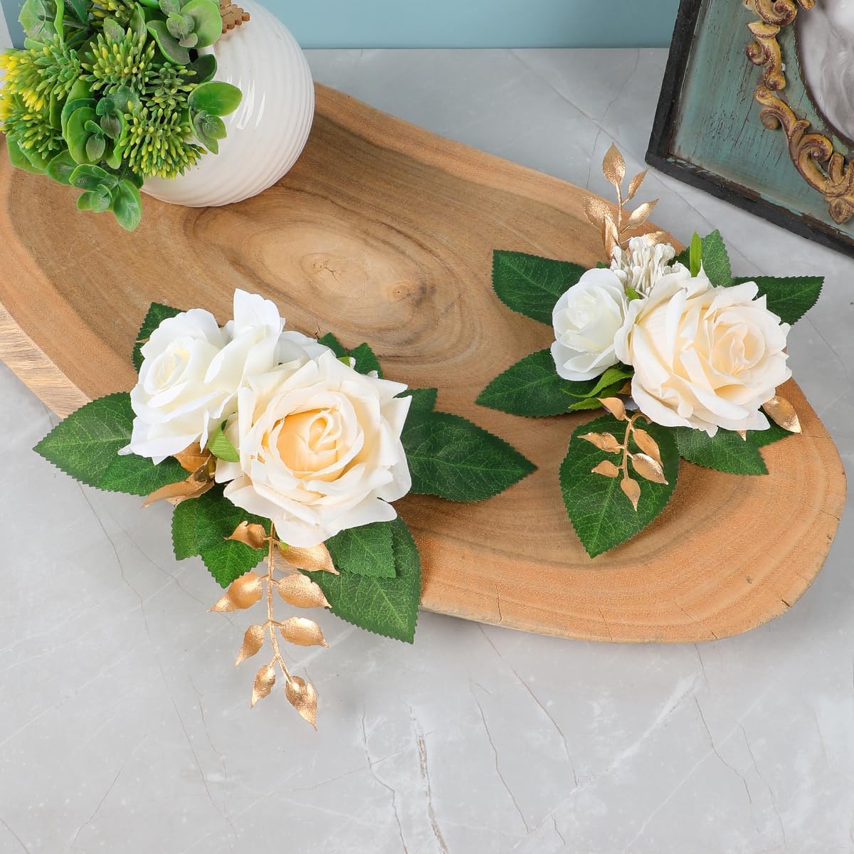 2-Piece Artificial Rose Flower Cake Toppers Set, 9.5 Inch Orange and Peach Roses with Gold Leaves, Wedding Birthday Party Cake Decorations (White)