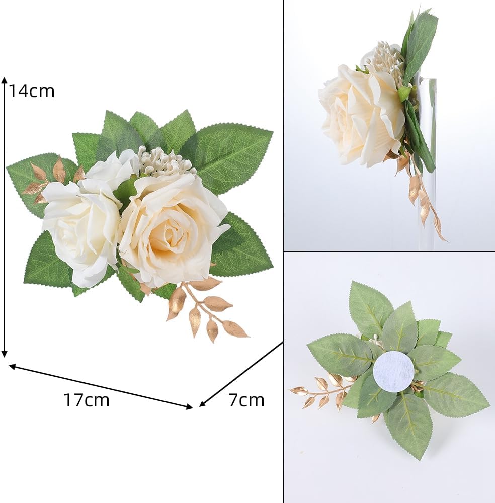 2-Piece Artificial Rose Flower Cake Toppers Set, 9.5 Inch Orange and Peach Roses with Gold Leaves, Wedding Birthday Party Cake Decorations (White)