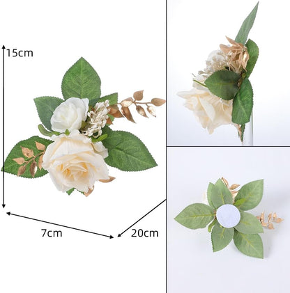2-Piece Artificial Rose Flower Cake Toppers Set, 9.5 Inch Orange and Peach Roses with Gold Leaves, Wedding Birthday Party Cake Decorations (White)