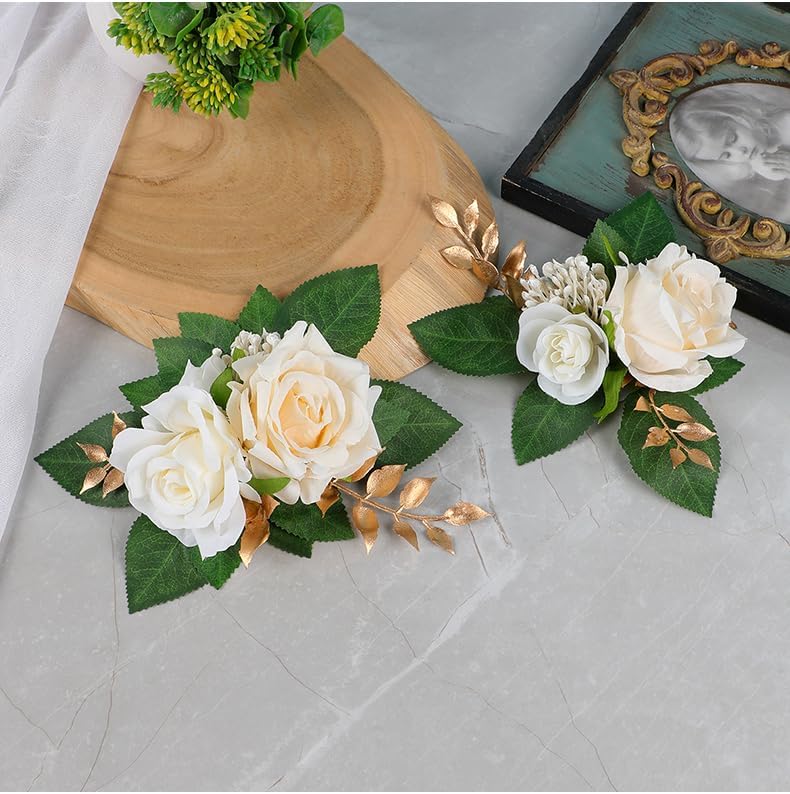 2-Piece Artificial Rose Flower Cake Toppers Set, 9.5 Inch Orange and Peach Roses with Gold Leaves, Wedding Birthday Party Cake Decorations (White)