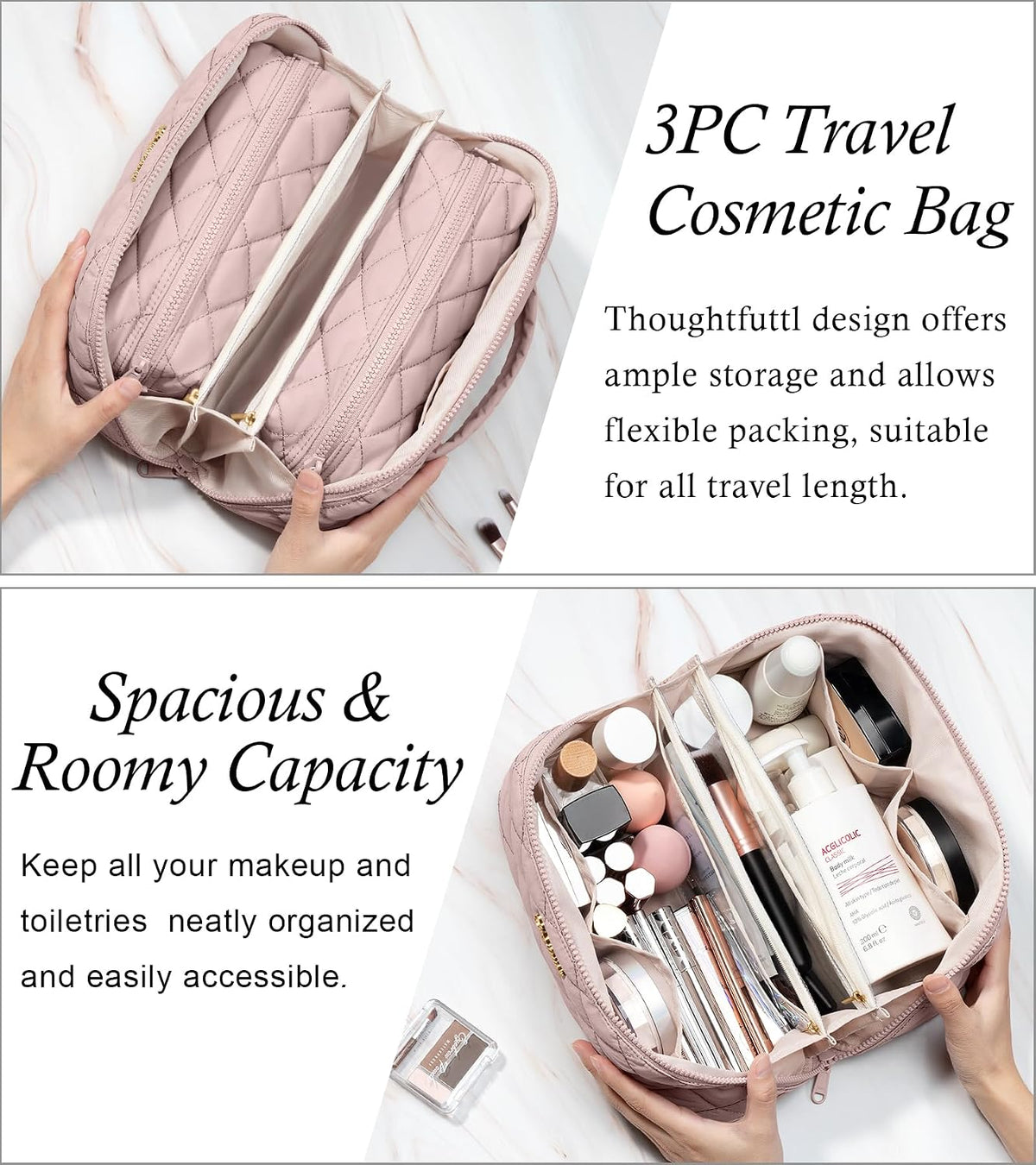 Travel Makeup Bag, Large Capacity Puffy Toiletry & Cosmetic Bag for Women