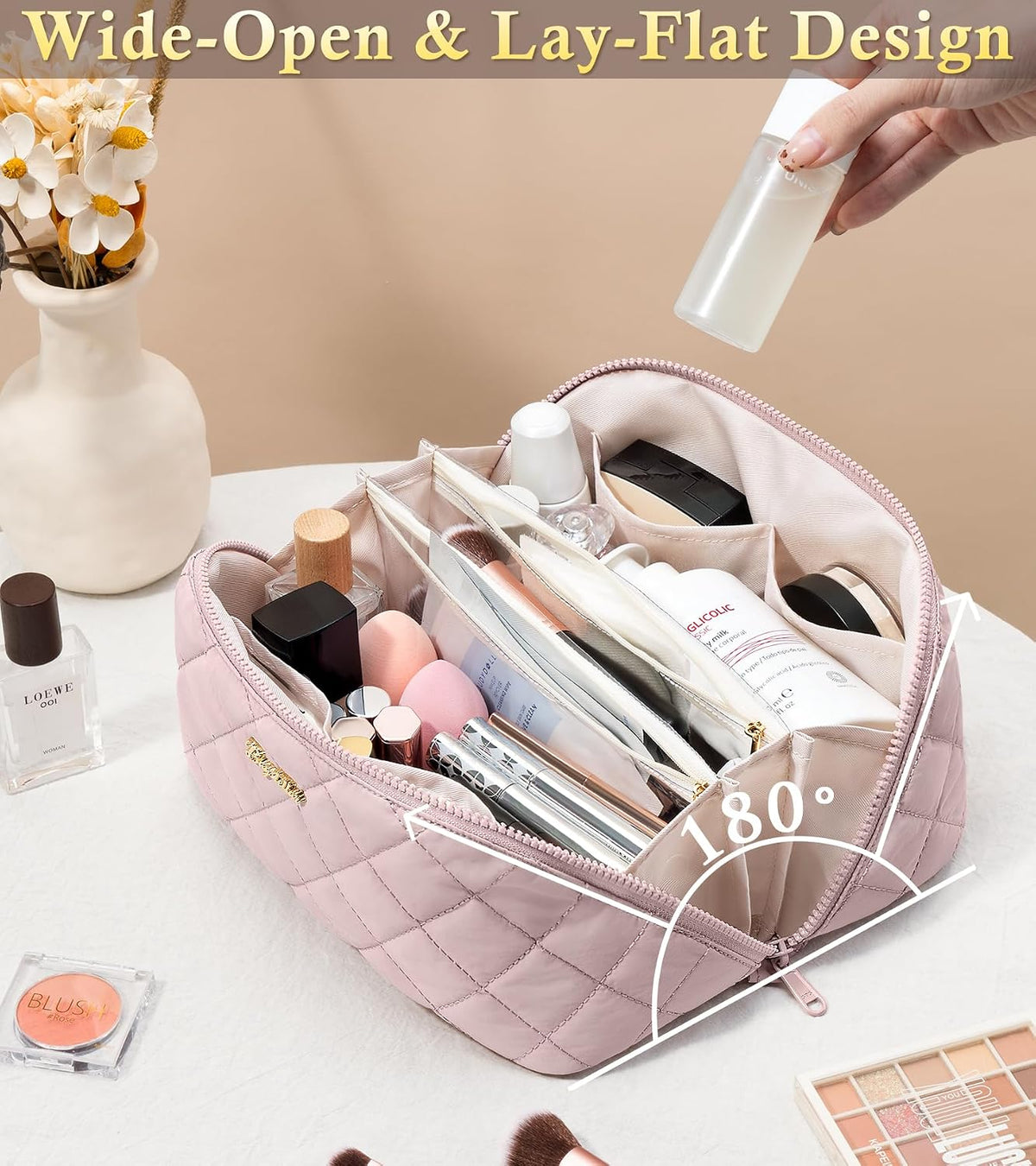 Travel Makeup Bag, Large Capacity Puffy Toiletry & Cosmetic Bag for Women
