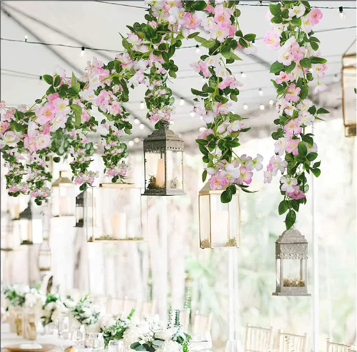 Artificial Cherry Blossom Flower Vine Pink Hanging Cherry Blossom Flower Silk Garland Hanging Vines Faux Flowers for Outdoors Spring Wedding Party Home Table Centerpiece Arrangement Decor