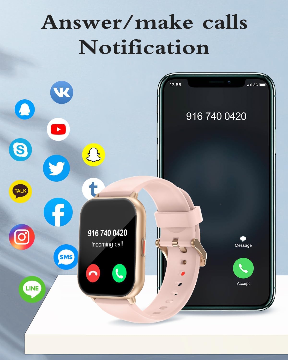 Smart Watches for Women (Answer/Make Call, 2 Bands), 1.8", Pink