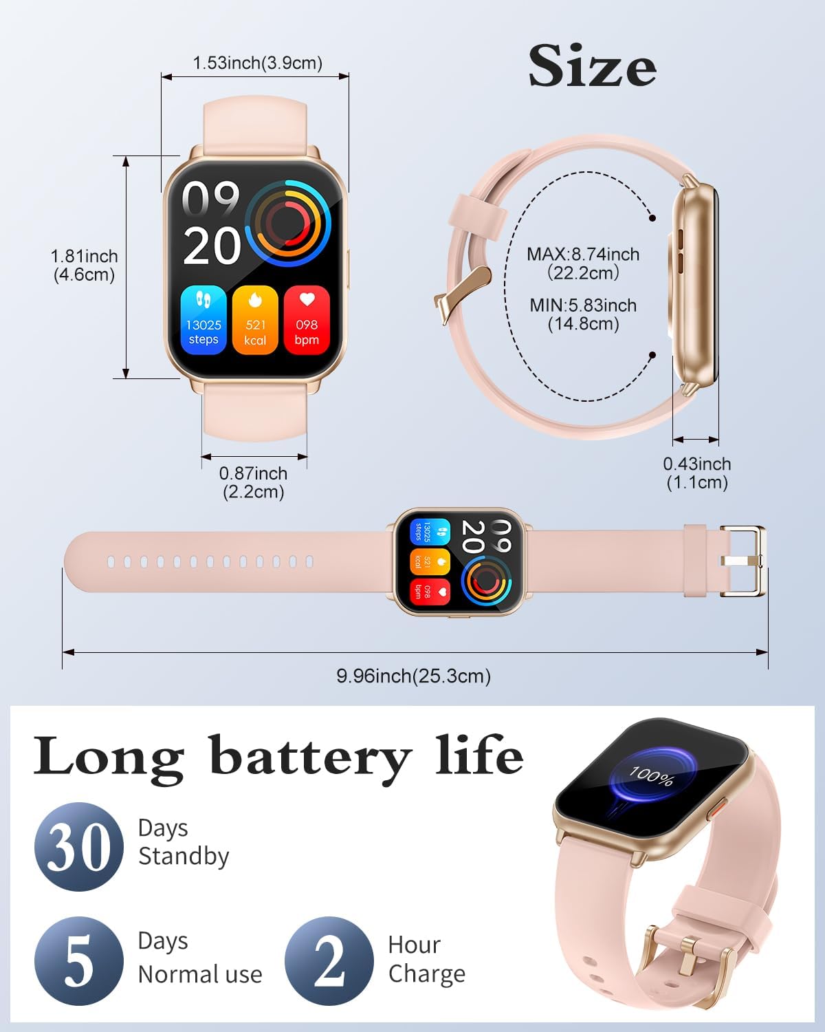 Smart Watches for Women (Answer/Make Call, 2 Bands), 1.8", Pink