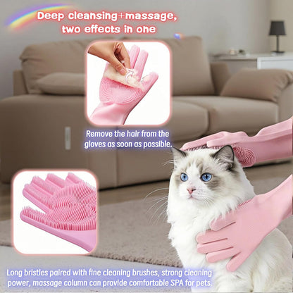 Silicone Dog Grooming Glove for Dogs and Cats, Enhanced Five-Finger Fit, Non-Slip & Extended Cuff, Dual-Sided Pet Bath Brush for Washing, Massage & Deep Cleaning 1 Pair (Pink)