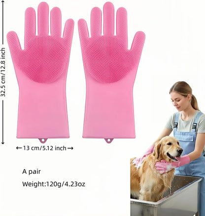Silicone Dog Grooming Glove for Dogs and Cats, Enhanced Five-Finger Fit, Non-Slip & Extended Cuff, Dual-Sided Pet Bath Brush for Washing, Massage & Deep Cleaning 1 Pair (Pink)