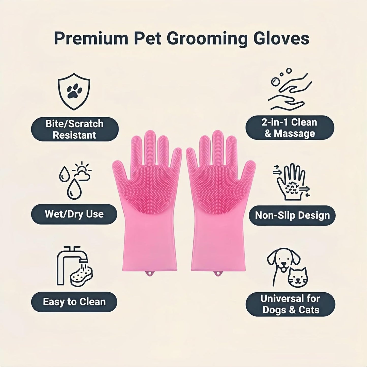 Silicone Dog Grooming Glove for Dogs and Cats, Enhanced Five-Finger Fit, Non-Slip & Extended Cuff, Dual-Sided Pet Bath Brush for Washing, Massage & Deep Cleaning 1 Pair (Pink)