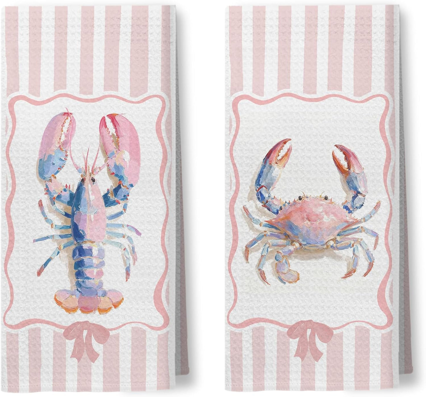 Pink Pastel Lobster Crab Kitchen Towels, Nautical Beach Hand Towels for Bathroom, Coquette Pink Striped Coastal Dish Tea Towel for Kitchen Decor, 16x24 Inch Set of 2
