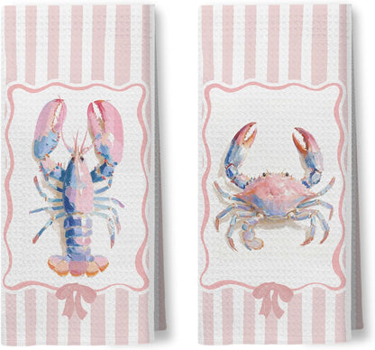 Pink Pastel Lobster Crab Kitchen Towels, Nautical Beach Hand Towels for Bathroom, Coquette Pink Striped Coastal Dish Tea Towel for Kitchen Decor, 16x24 Inch Set of 2