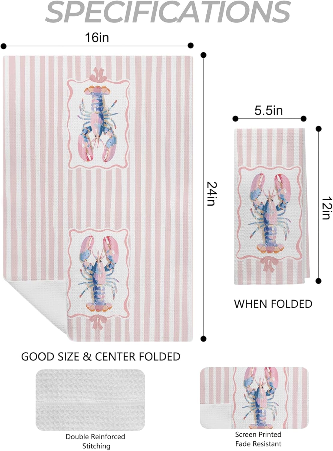 Pink Pastel Lobster Crab Kitchen Towels, Nautical Beach Hand Towels for Bathroom, Coquette Pink Striped Coastal Dish Tea Towel for Kitchen Decor, 16x24 Inch Set of 2